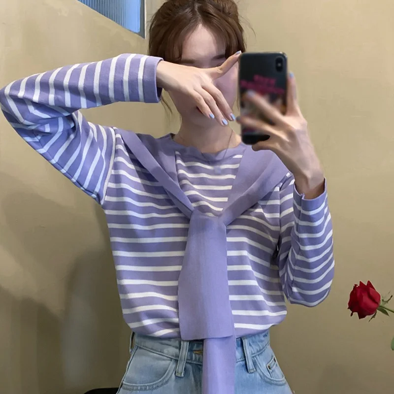 

Korean Student Fake Two Piece Striped Sweater Autumn Women Loose Long-sleeved Round Neck Pullover With Shawl