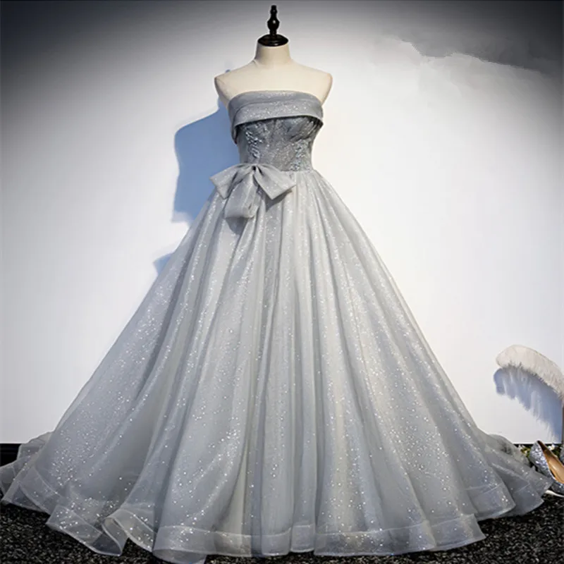 

Vestido De Festa Strapless A-Line Evening Dress Robe De Soiree New Fashion Sliver Gray Evening Dresses Long Dress Formal Dress