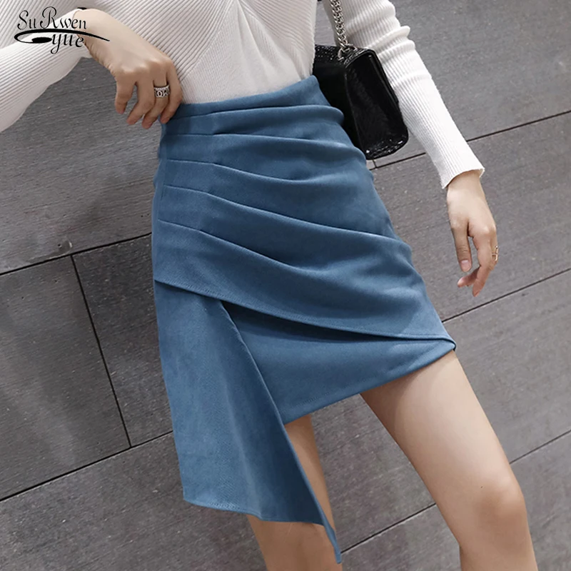 

Женская винтажная мини-юбка с завышенной талией, голубая однотонная приталенная юбка с запахом, модель 2022 на осень, 16405