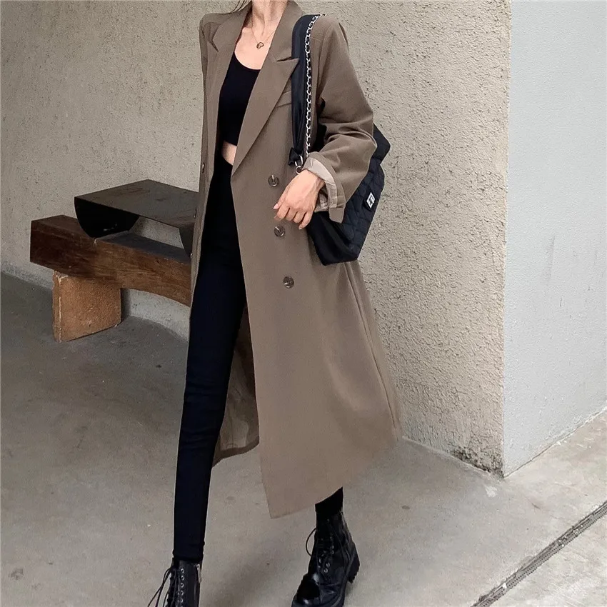 

Casual Lapel Splicing Women Trench Long Sleeve Double Breasted Belt Female Windbreaker High Street Ladies Long Wind Coat