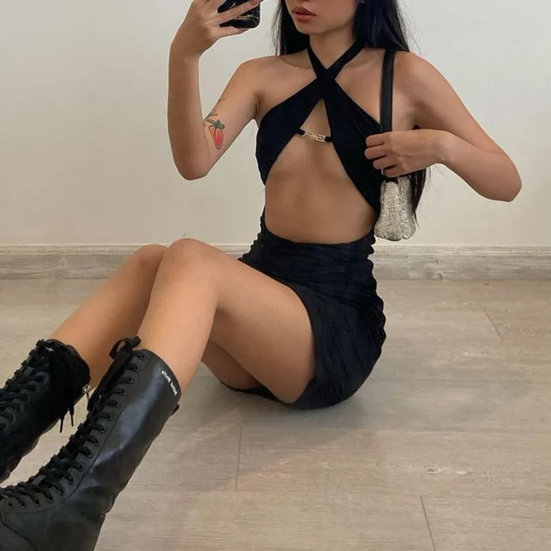 

Gothic Woman Mini Dresses Sexy Solid Black Hollow Cut Out Deep V Neck Halter Party Club Bodycon Dress Streetwear Female Vestidos