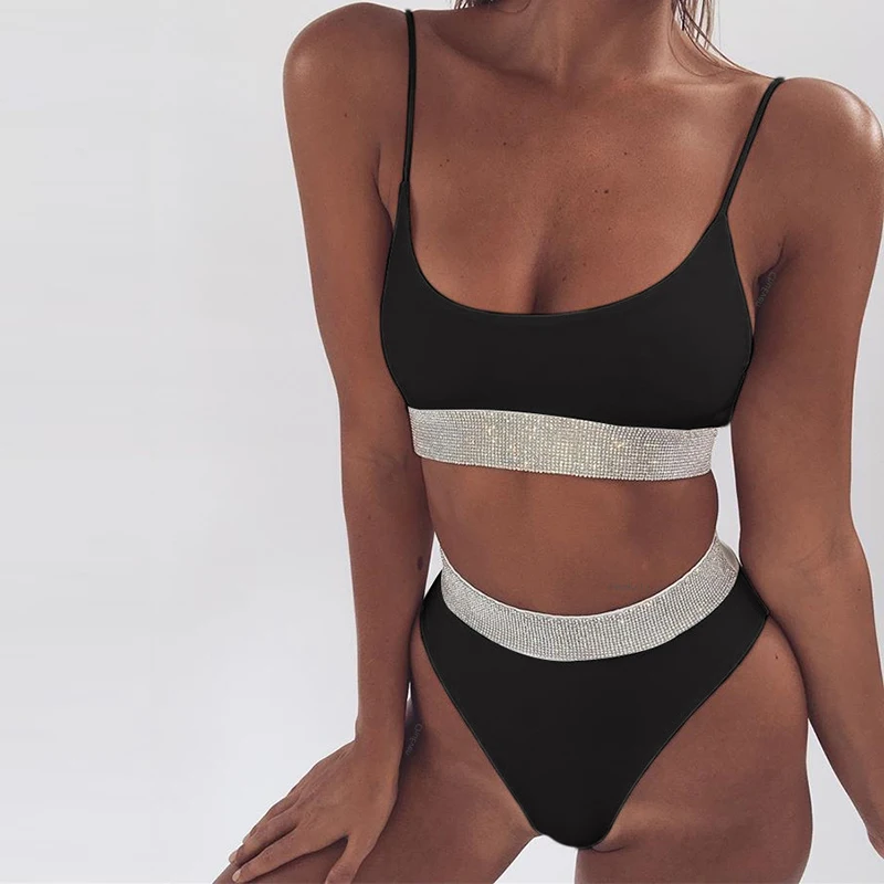 Simplee блестящие стринги Женский комплект бикини купальный костюм с пуш ап высокая