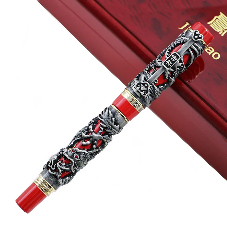 Роскошная металлическая 3D Авторучка Jinhao с изображением дракона Феникса, винтажная перьевая ручка 0,5 мм, перьевые ручки для письма, офисные, деловые принадлежности, подарок - Цвет: Ancient silver red