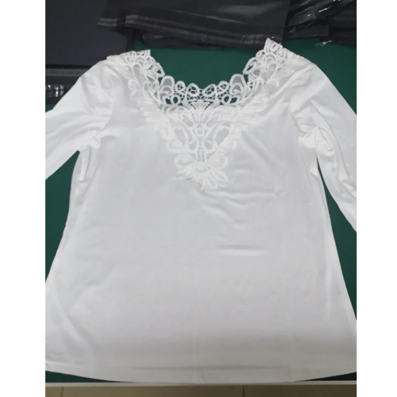 

Women's Autumn Fashion Lace Deep V-neck Sexy Solid Color Panel T-shirt Long Sleeve Top