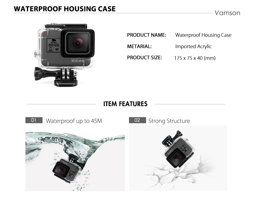 Vamson для Gopro Hero 7 6 5 черный комплект аксессуаров Водонепроницаемый защитный корпус чехол для дайвинга 60 м для Go pro 7 6 5 камера VP633