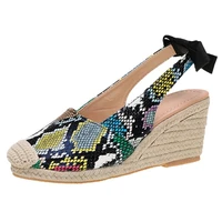 new summer women straw wedges high heeled 8cm snake print design slingback sandals bow platform sandalis mujer shoes big size 43
