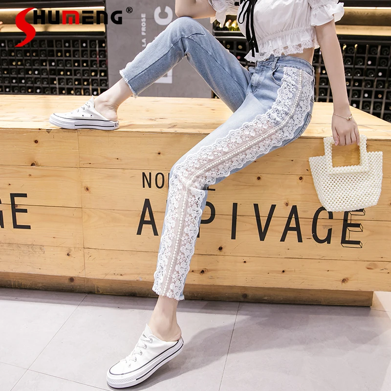 

Женские джинсы-карандаш большого размера, пикантные весенние модные свободные кружевные цветочные эластичные джинсы с высокой талией, мод...