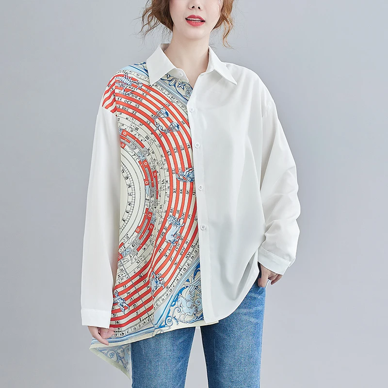 

Women White Print Pattern Irregular Blouse New Long Sleeve Spring Autumn Loose Casual Shirt Tops Femme Fashion Clothes 2021