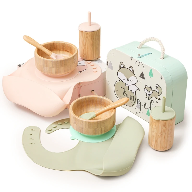 

5 PCS/Set Baby Bamboo Bowl Set Food Grade Silicone Sucker Kitchenware Suction Children's Tableware Compartment Baby Dishes