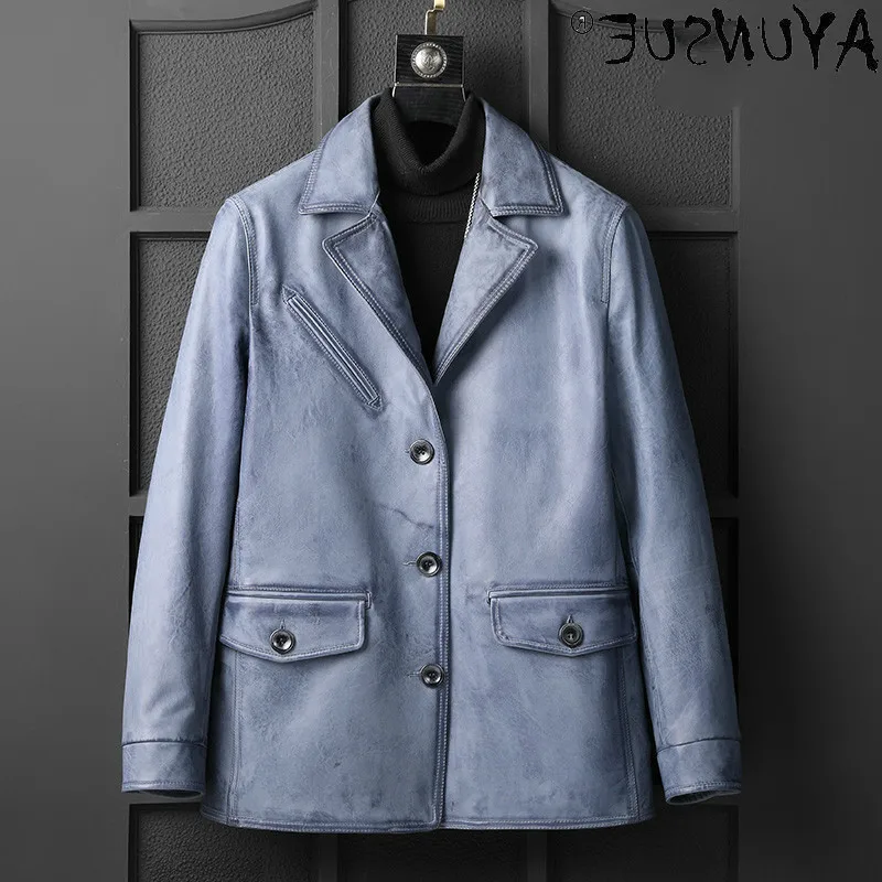 

Мужская куртка из натуральной воловьей кожи, Синяя кожаная куртка, верхняя одежда, LXR1022, осень 2021