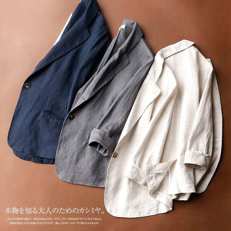 

Thin cotton and linen small suit jacket female large size 2021 spring and summer new Korean fashion simple loose casual suit