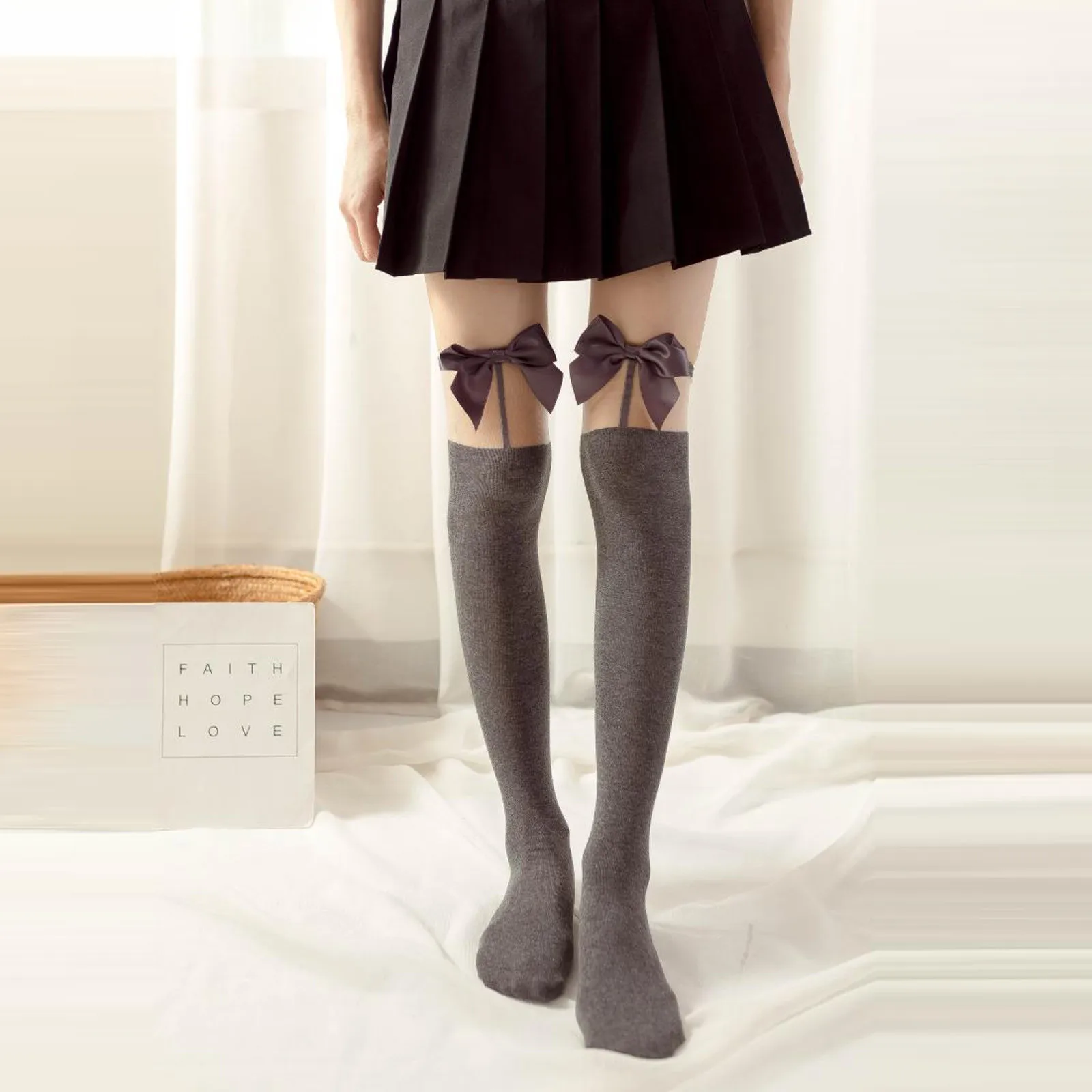 

Sexy Lingerie Women Bow Tie Stockings Skinny Tight Tempting Nightwear Sheer Evening Party Club Stockings (Without Skirt)