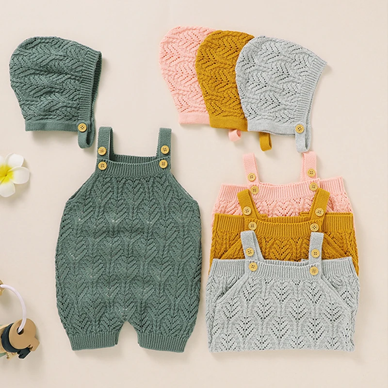 

Baby Knitted Romper Set Infant Baby Boy Girl Clothes Spring Autumn Solid Color Knit Sleeveless Suspender Jumpsuit+Hat 2PCS Set