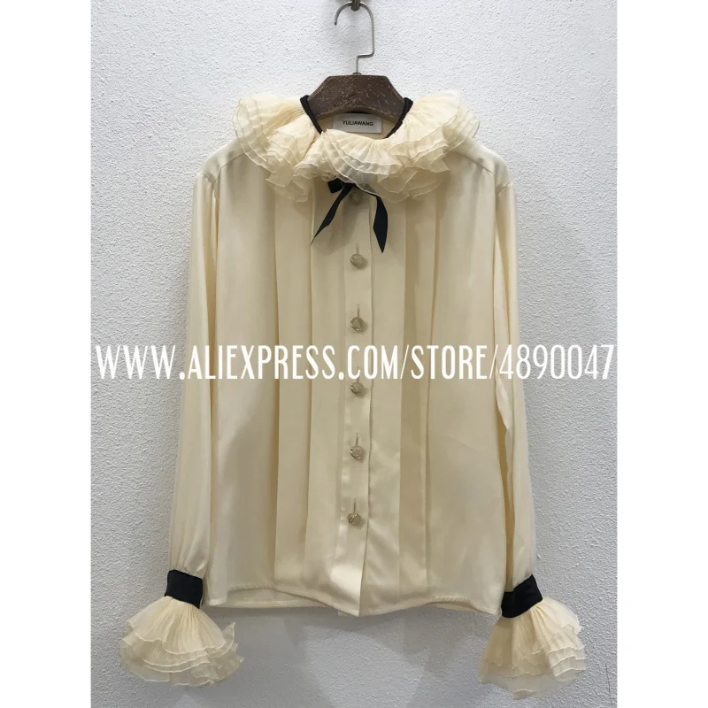 

Handmade fine pleated noble raffle collar silk shirt pleated lotus leaf flared sleeves color matching shirt high quality women's