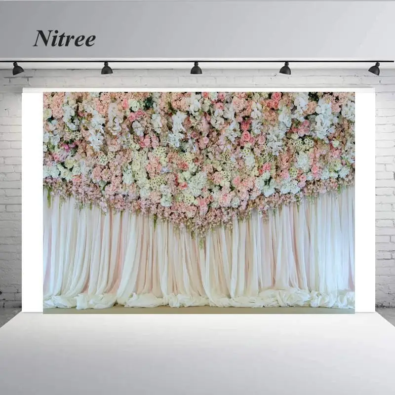 

Wedding PInk Curtain Blossom Floral Garland Wall Photography Backgrounds Custom Photographic Backdrops For Photo Studio