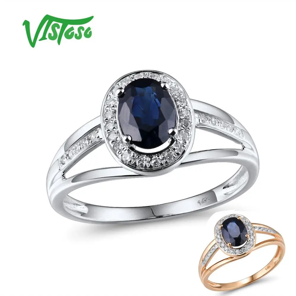 VISTOSO 14K White Gold Rings For Women Genuine Sparkling Diamond Fancy Blue Sapphire Engagement Anniversary Unique Fine Jewelry