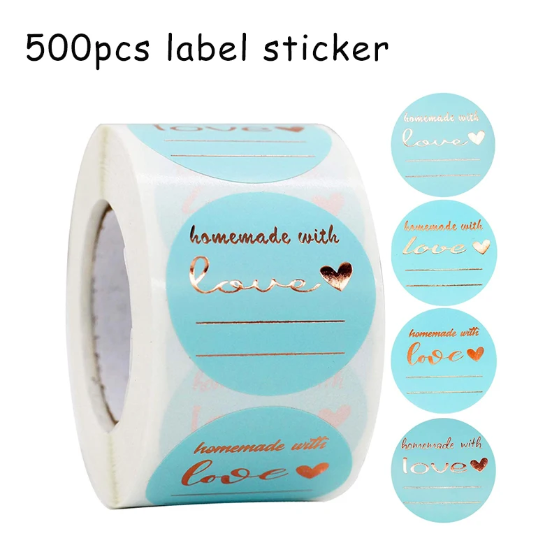 

500 pcs blue gold foil hot stamping handmade with love stickers can be written for gift packaging baking sealing label stickers