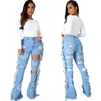 hollow out ripped jeans for women sexy hole tassels denim pants pocket flare bell bottom trousers streetwear