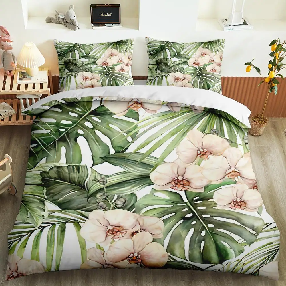 

Simplicity Style Leaves And Flowers Bedding Set Printed Soft Duvet Cover Pillowcase Set King Queen Size 2/3PCS