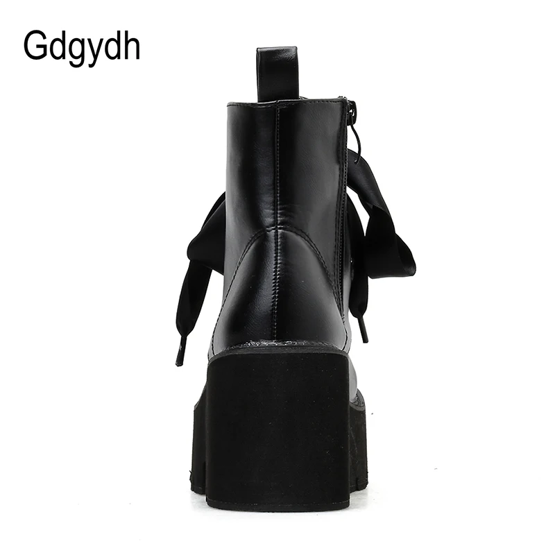 Gdgydh Autumn New Women Ankle Boots Round Toe Lace-up Platform Short Boots Female PU Soft Leather Black Boots Drop Shipping