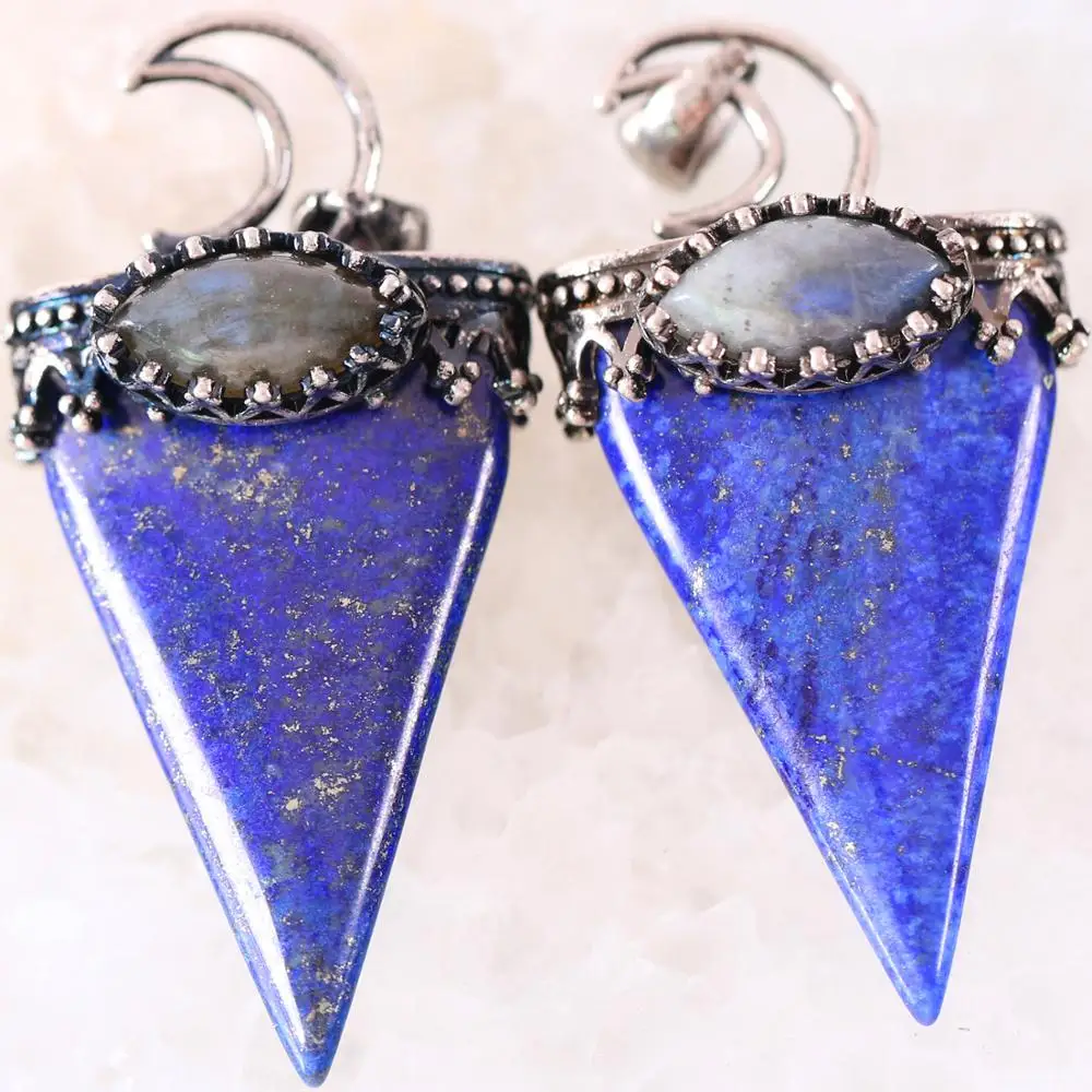 Necklace Pendant Natural Stone Labradorite Blue Lapis Triangle Antique Crown Half Moon Pendant for Men Women 1Pcs K696
