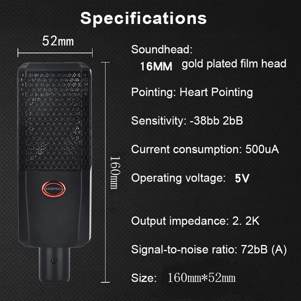 

Hot Sale Microphone Classic Delicate Texture 240Pro Noise Reduction Mic Condenser Microphone Kit for Studio Live Broadcast