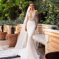 bohemian deep v mermaid wedding gown 2021 lace appliques short sleeves satin bridal dress for women vestido de mariee elegant