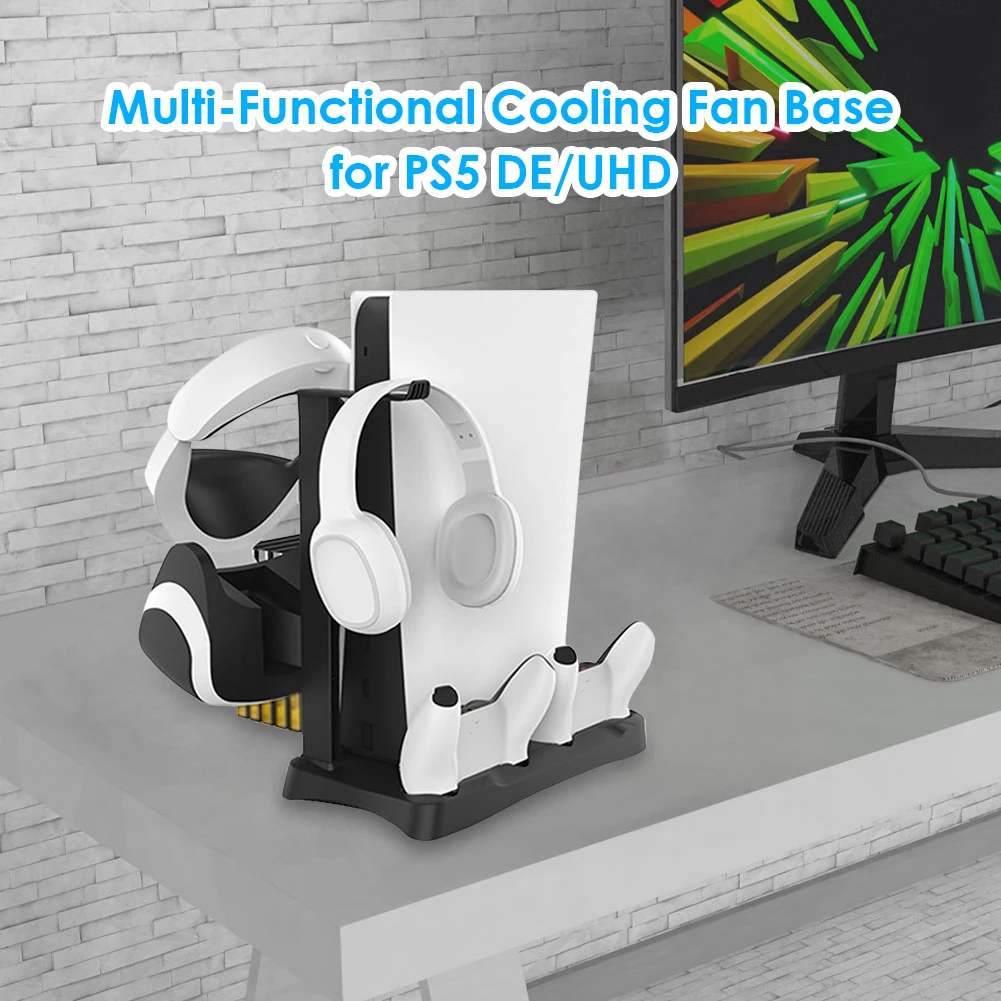 

For PS5 Dual Controller Charger Console Vertical Cooling Stand Charging Cooling Fan Base Game Disc Storage Tray For Playstation5