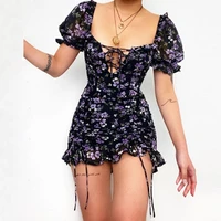 dourbesty summer floral vintage dress women sexy square collar lace up ruffle short sleeve sundress bodycon party dress vetidos