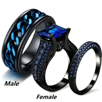 fashion couple rings womens blue crystal cz rings set mens stainless steel spinner ring wedding band anniversary gift