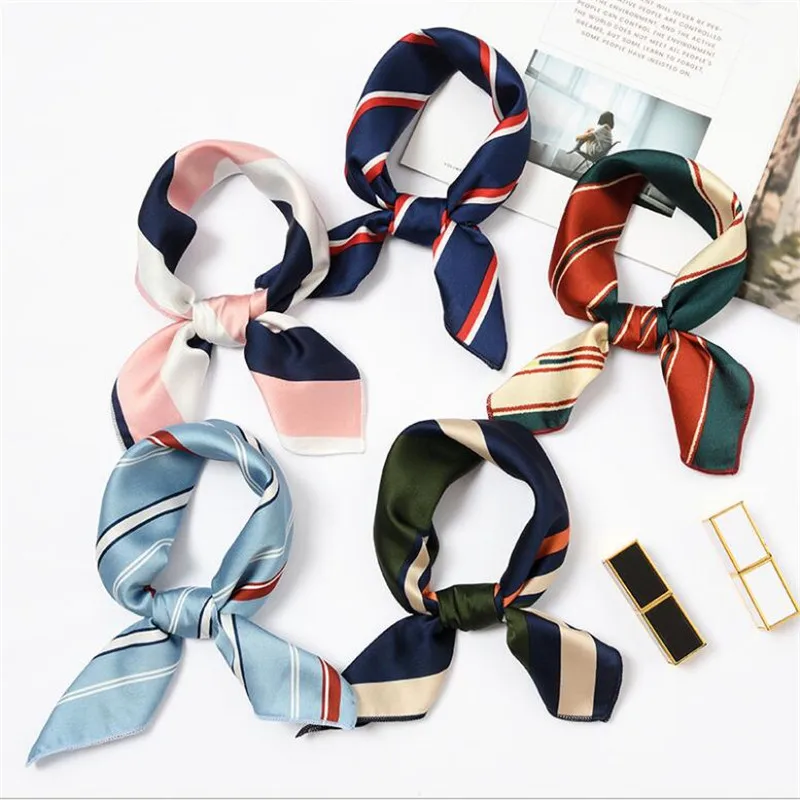 

50x50 см, высококачественный шелковый шарф, женские маленькие мягкие квадраты, декоративный головной шарф, разноцветная полоска, стандартная Шейная повязка для девочек
