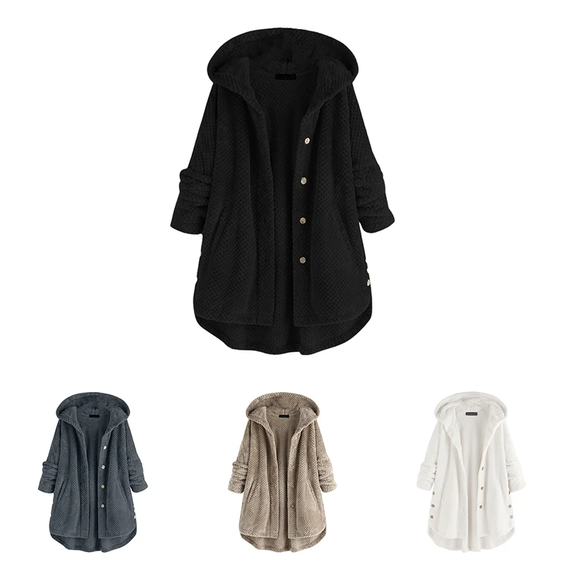 Winter Women Coat Plush Hooded Long Sleeve Fuzzy Fleece Casual Mid-Length Overcoat Button-Down Hooded Jacket Outwear images - 6