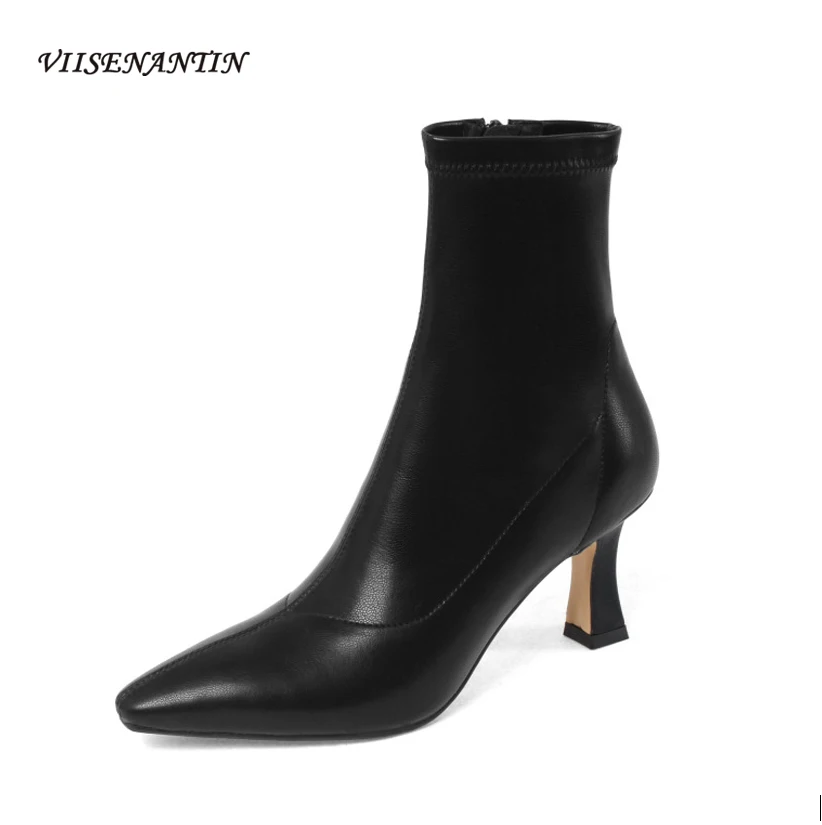 

Осенне-зимние Новые однотонные ботинки с острым носком и боковой молнией на шпильке модные ботинки в стиле ретро коричневые эластичные тон...