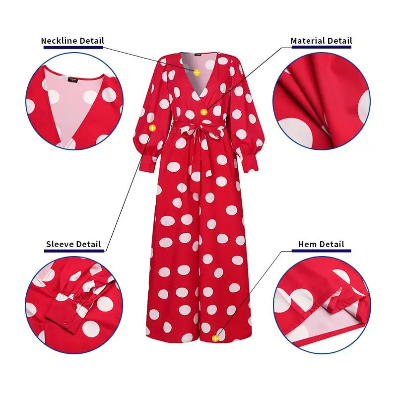 

Women Sexy Belt Long Sleeve Wide Leg Playsuits VONDA 2021 Long Trousers Palazzo Sexy V Neck Polka Dot Lantern Sleeve Rompers