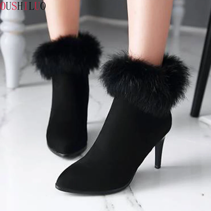 Зимняя теплая пикантная женская обувь ботильоны для женщин на тонком высоком