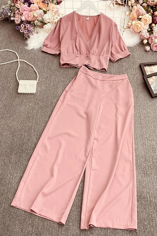 

IEQJ 2021 new summer fashion women clothes V- neck short sleeves short top and full length loose big size pants two pieces WR020