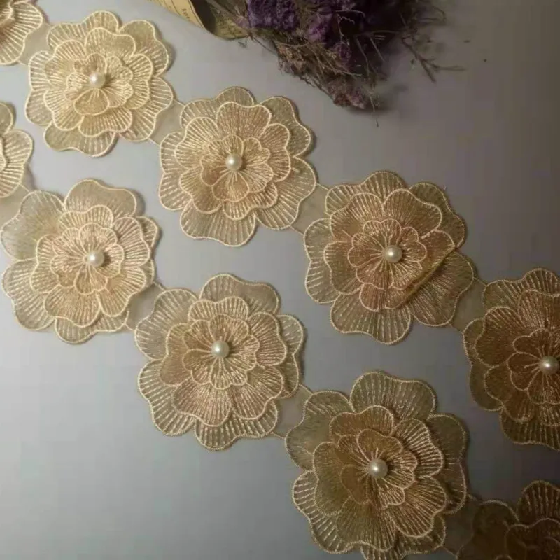 2 ярда золото 10 см жемчуг цветок растворимый Свадебная кружевная отделка Вязание