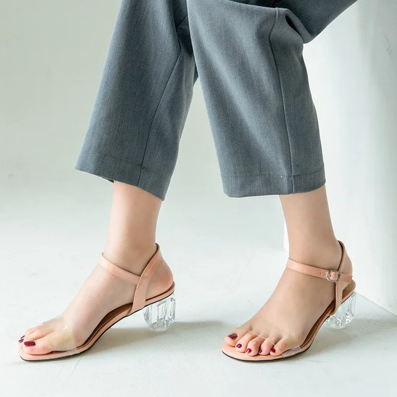 

TAOFFEN Solid Color Women Sandals Fashion Buckle Metal Open Toe Women Shoes Thick Heel Casual Travel Lady Footwear Size 34-43