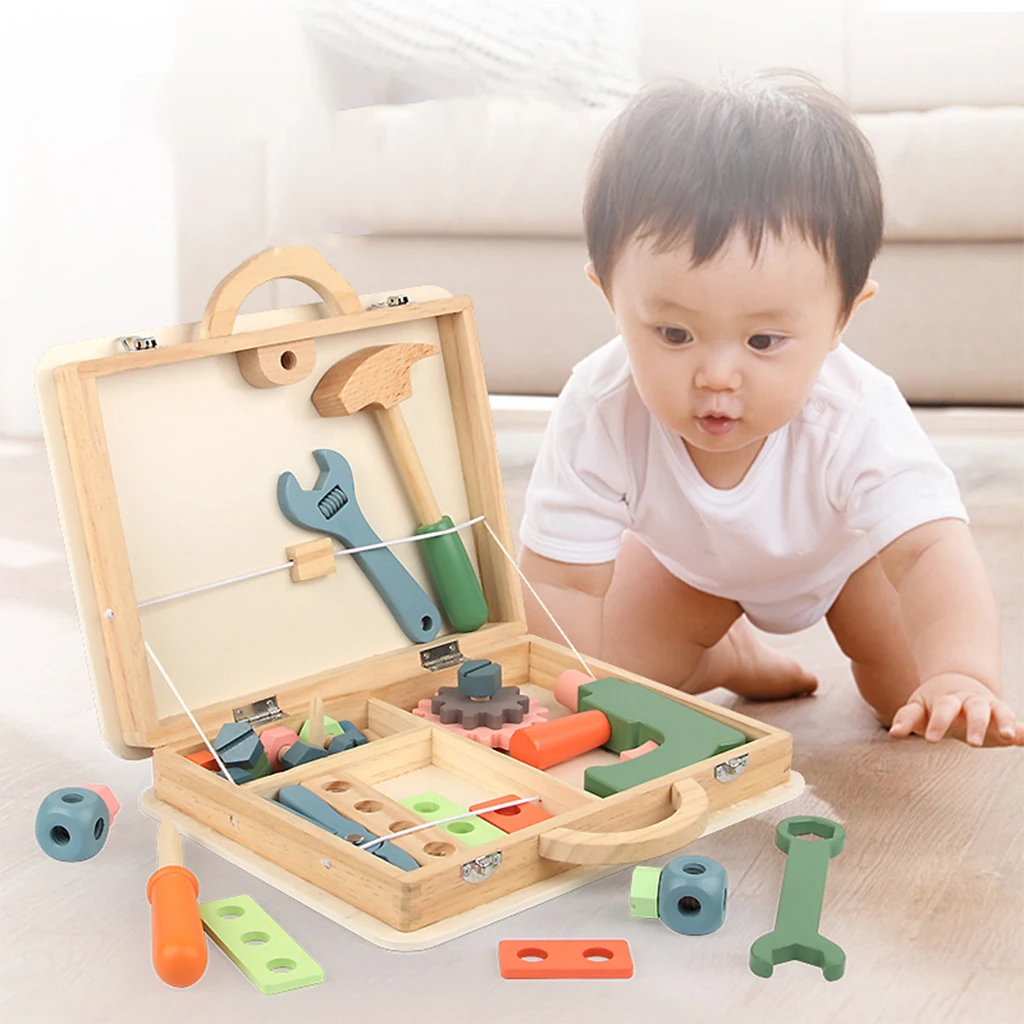 

Hand Crafted Kids Wooden Toolbox Pretend Play Toy Tool Box Nut Screw Age 3+