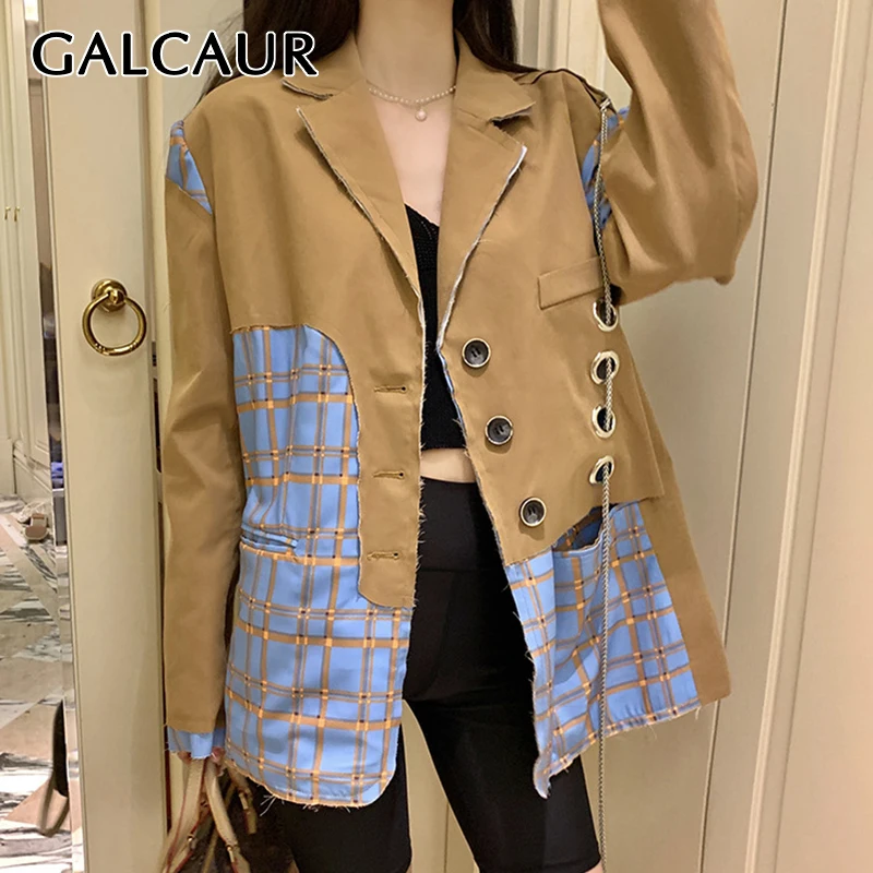 

Женский клетчатый Блейзер GALCAUR, дизайнерский пиджак в стиле пэчворк с английским воротником, длинным рукавом и асимметричными карманами на ...
