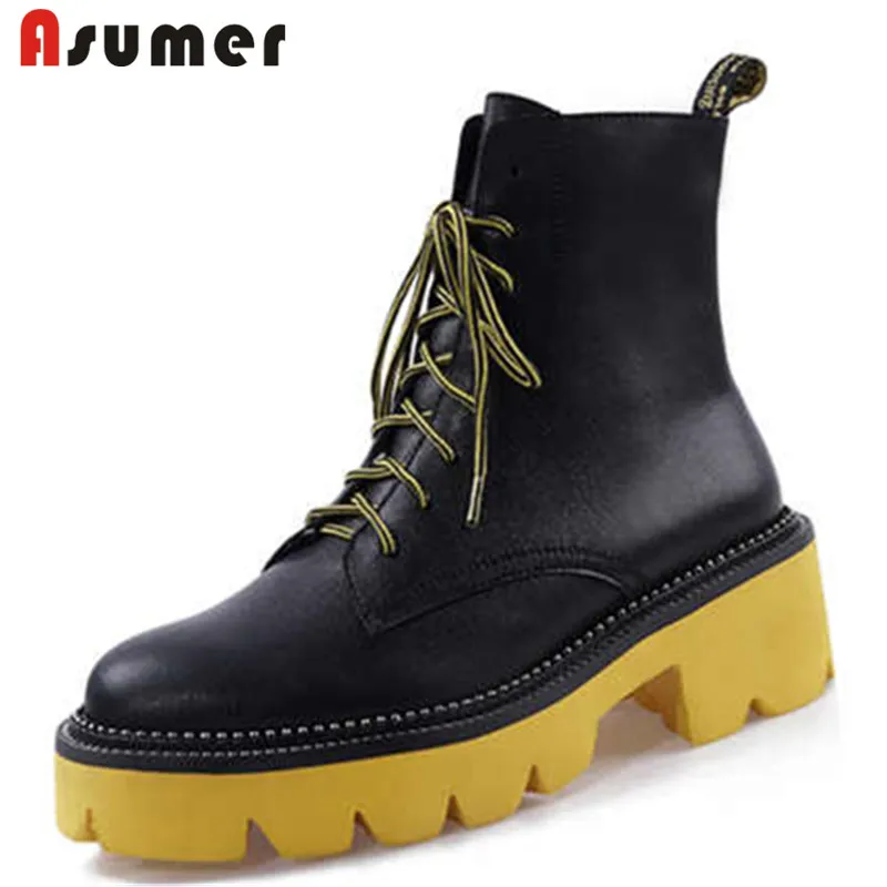 Женские ботинки из натуральной кожи ASUMER с круглым носком на шнуровке боевые