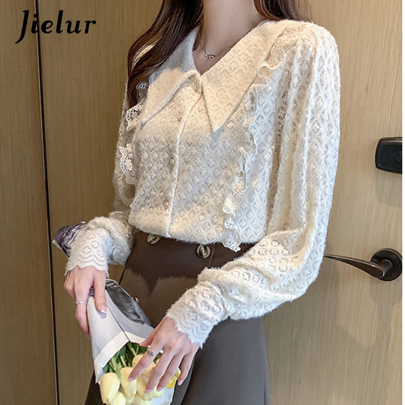 Jielur Весна Топы Блузки женские кружевные рубашки 2021 Мода S-XXL в стиле Питер Пэн