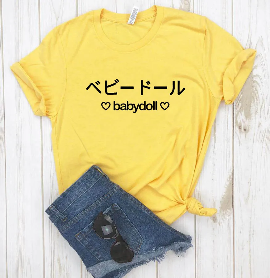 Babydoll, японская, розовая, с буквенным принтом, женская футболка, повседневная, хлопок, хипстер, забавная футболка для девочек, топ, футболка, 8 цветов, Прямая поставка, BA-201 - Цвет: yellow-black letter