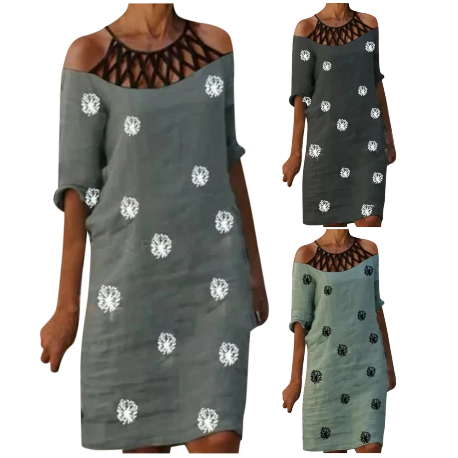 

56# Half Sleeve Printed Dress Hollow Out Halter graffiti Sundress Cold Shoulder Vintage Dress Plus Size Summer Dress Vestidos