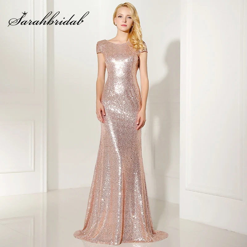 

Long Sparkly Rose Gold Mermaid Bridesmaid Dresses Plus Size Sequined Formal Wedding Party Gowns Robe Demoiselle D'Honneur SD347