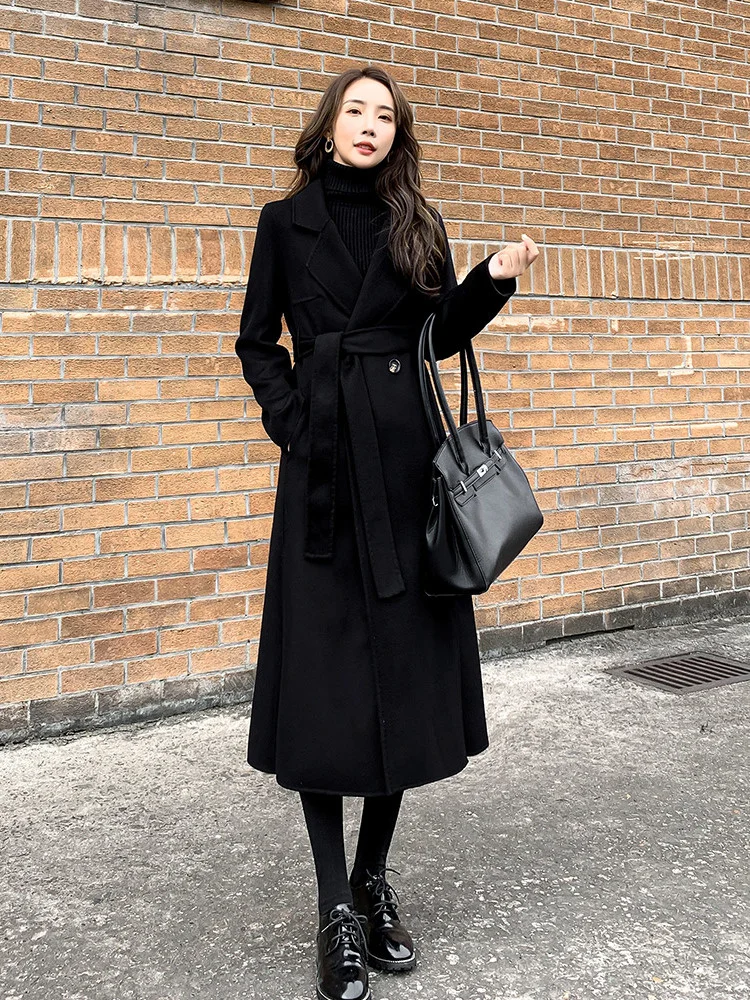 

Shzq Black Women's Autumn Winter 2021 New Wool Double Faced Fabric Medium Length Autumn Winter Cashmere Coat Woolen Coat Fashion