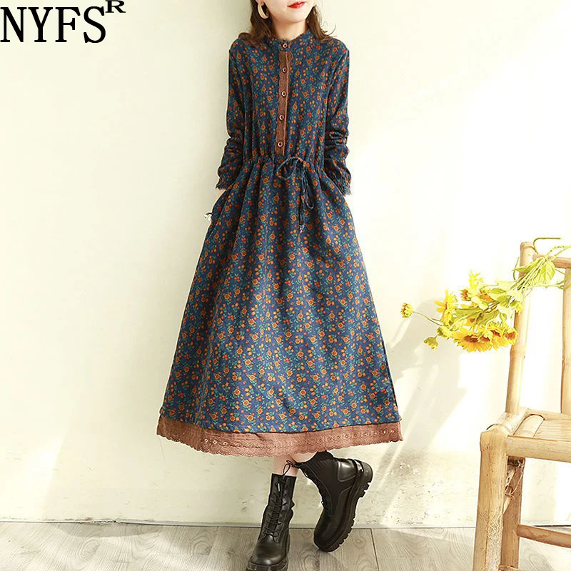 

NYFS 2021 New Spring Autumn Folk-custom Lacework Lace Long sleeve Woman Dress Vestido de mujer Robe Elbise Dresses for Women