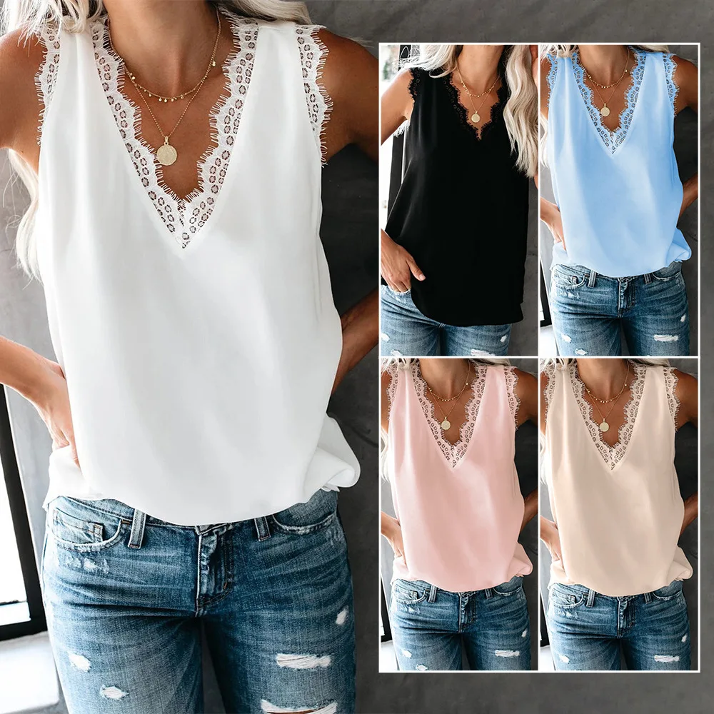 Женский топ на бретелях Shiying Amazon Свободный Повседневный кружевной без рукавов с