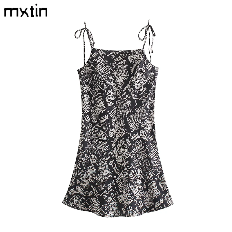 

MXTIN 2021 Women Summer Fashion Print Bow Tied Straps Mini Dress Vintage Square Collar Sleeveless Backless Party Female Dresses