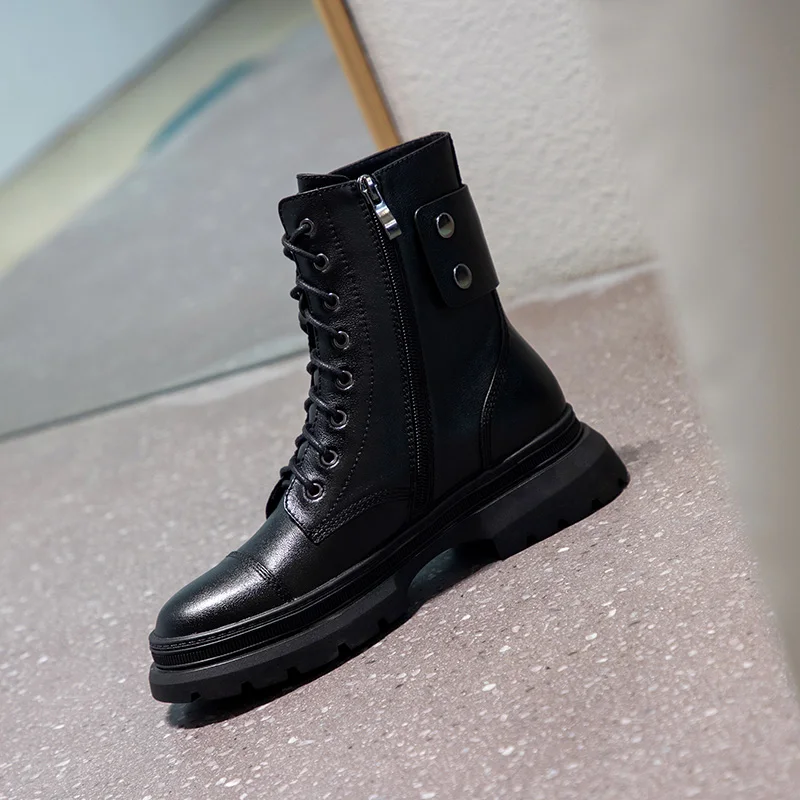 

Genuine Cow Leather Martin Boots Thick-soled Short Boots British Style Side Zipper Round Toe Flat ankle boots Women